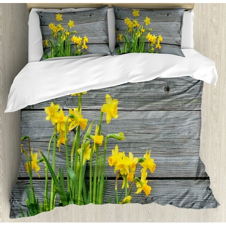 Grey And Yellow Duvet Cover Yellow Flower Duvet Cover Set, Bouquet of Daffodils on Wood Planks Gardening Rustic Country Life Theme, Decorative Bedding Set with Pillow Shams, Yellow Grey, by Ambesonne ()