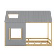 thumbnail image 3 of House Platform Bed with Roof and Window, Full Size Solid Wood Platform Bed Frame with Headboard & Footboard Low Floor Bed Frame with Slat Support for Boys Girls No Box Spring Needed, Gray+Natural, 3 of 7