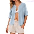 thumbnail image 2 of Lixiuxyad ‌Women's Crew Neck Ribbed Knit Cardigan Short Sleeve Open-Front Button-Up Cardigan,Blue, 2 of 6