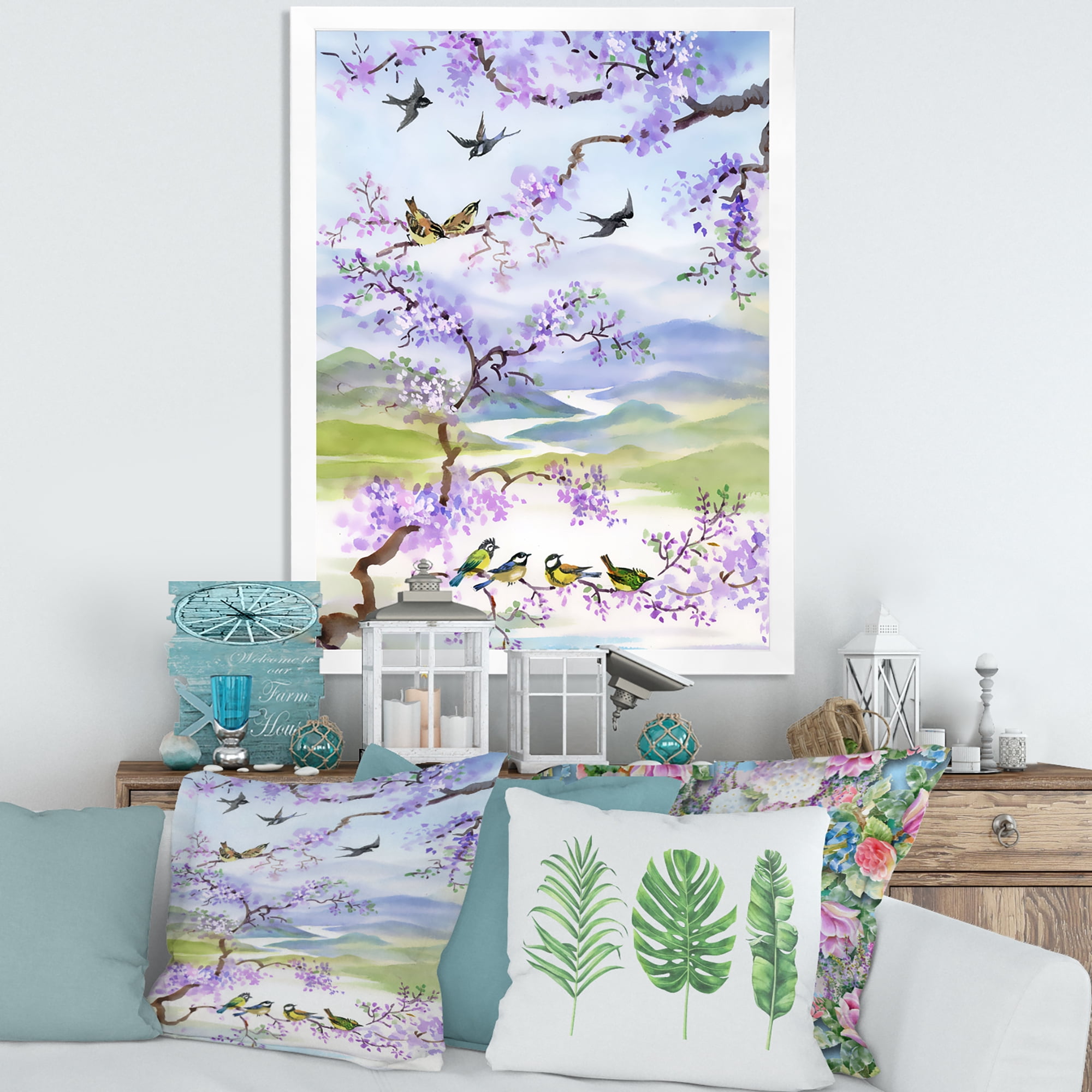 Designart 'Birds Sitting On Cherry Branch' Traditional Framed Art Print