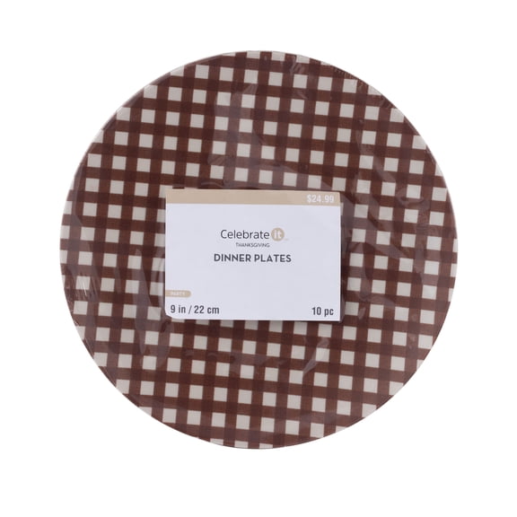 9" Thanksgiving Brown Plaid Plastic Dinner Plates, 10ct. by Celebrate It