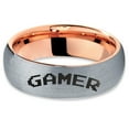 thumbnail image 2 of Tungsten Gamer Typography Writing Band Ring 7mm Men Women Comfort Fit 18k Rose Gold Dome Brushed Gray Polished, 2 of 4