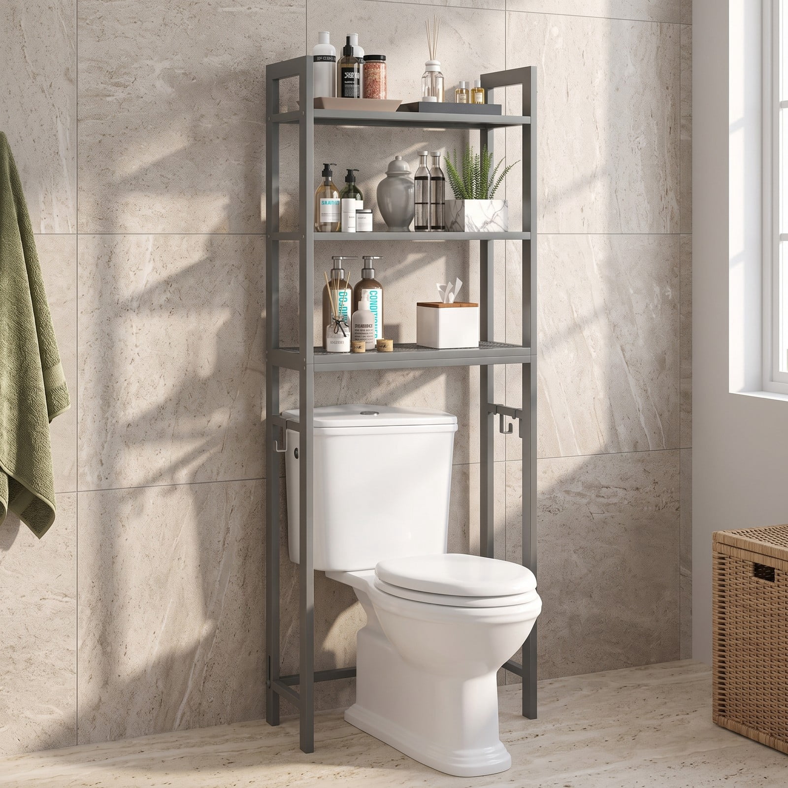 ALPULON Over-The-Toilet Storage Shelf, 3-Tier Space Saving Metal Bathroom Organizer Rack with 3 Hooks and Anti-Tipping Device, Freestanding Above Toilet Stand, Gray