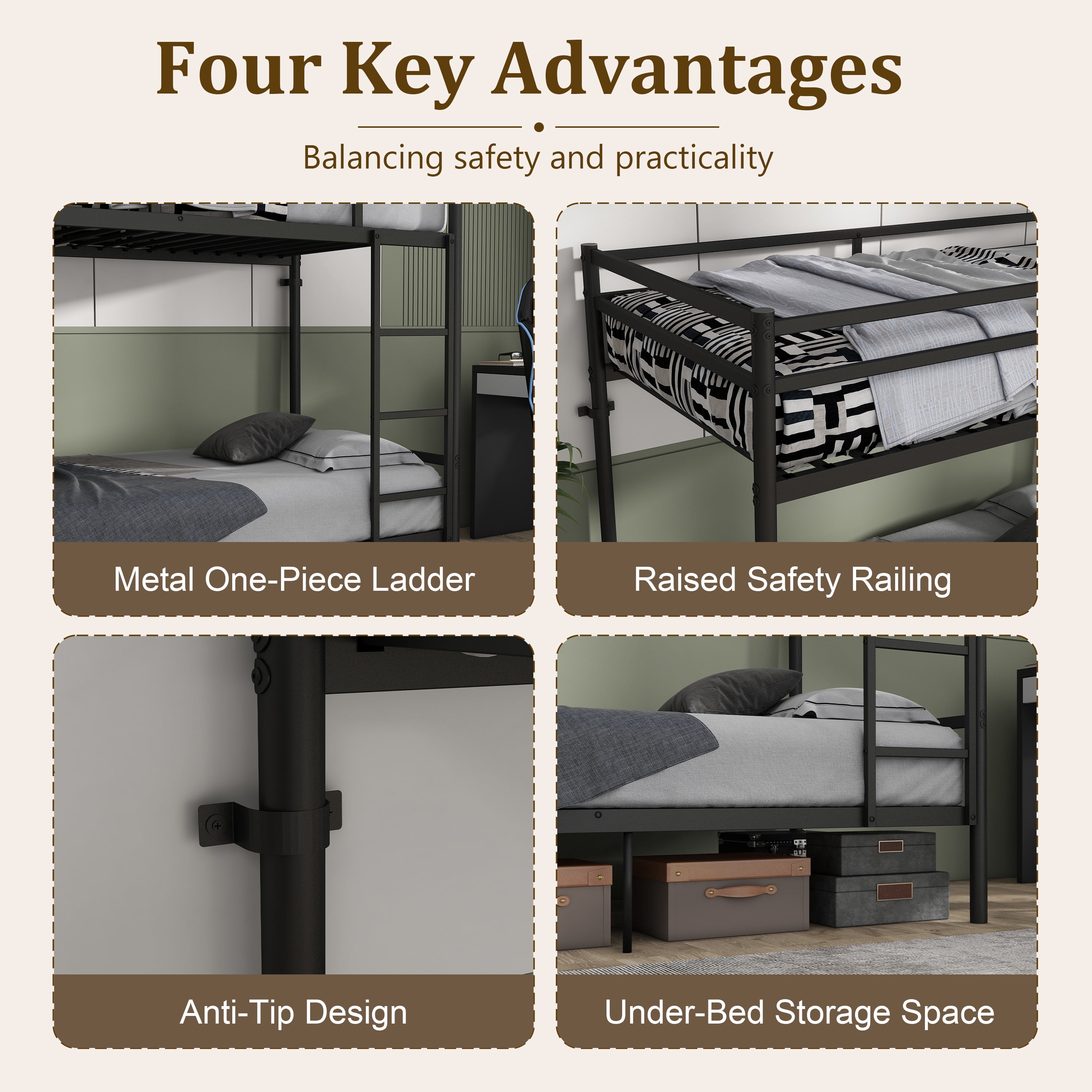Metal bunk bed, suitable for children/teenagers/adults, with 14.29-inch high safety rails, 19 crossbars on each bunk, single-bunker support of 400 lbs or more, and storage space under the bed. Black