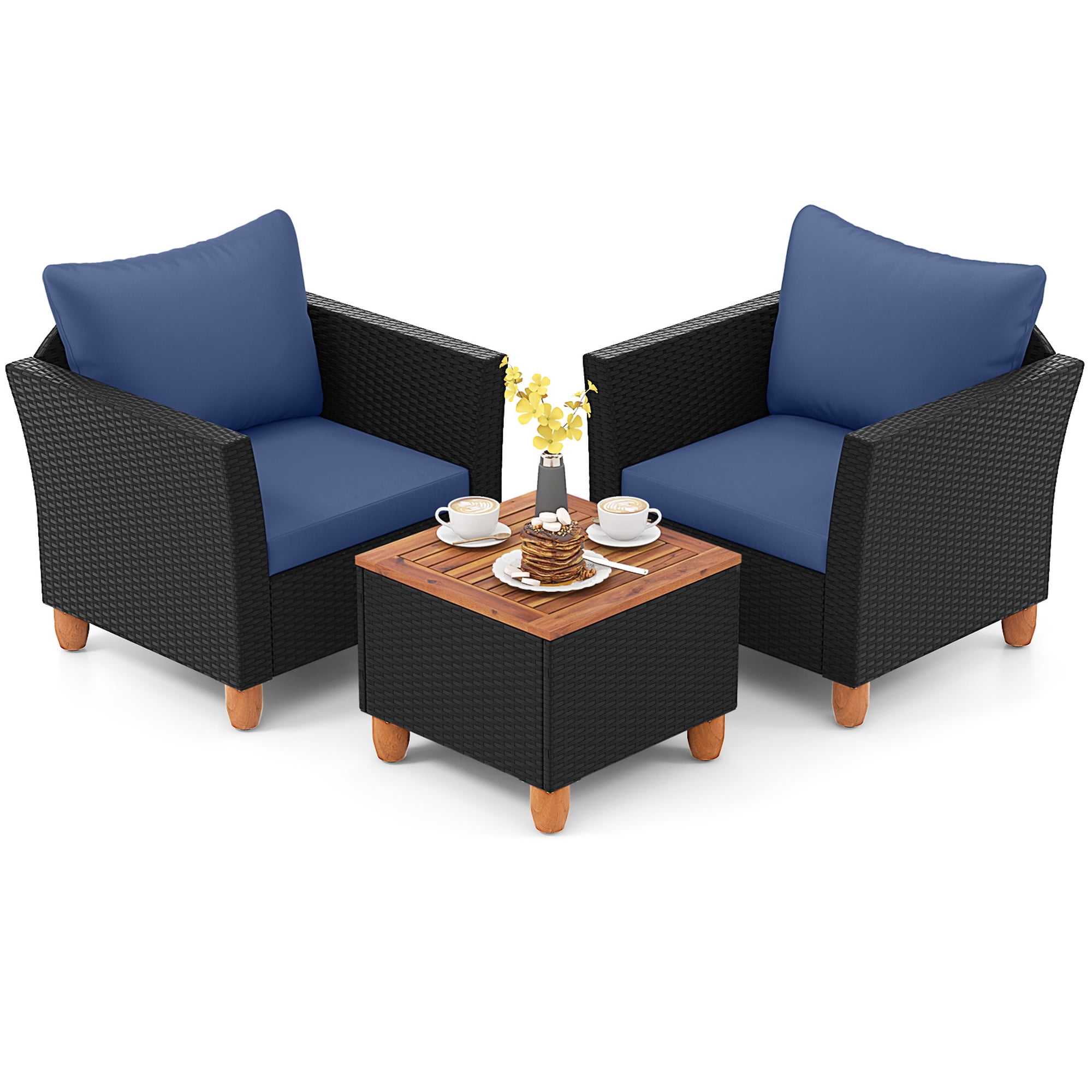 Costway 3PCS Outdoor Patio Rattan Furniture Set Wooden Table Top Cushioned Sofa Navy