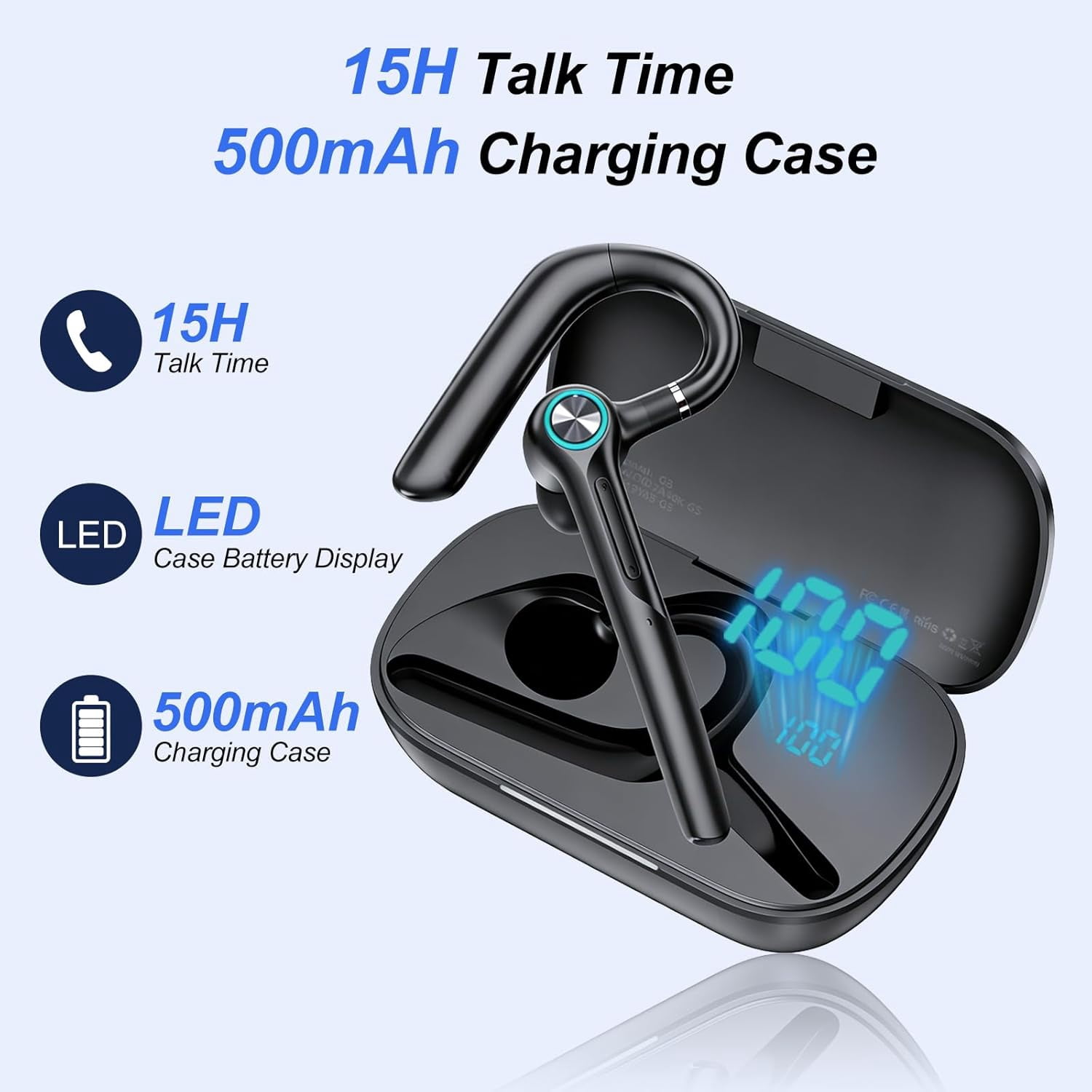 Bluetooth Headset with Microphone, Bluetooth Earpiece for Work, Wireless Headset with Mic, 15H Talk Time, 500mAh Charging Case, Bluetooth 5.3, LED Display for Office, Laptop, Phone, Driving