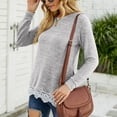 thumbnail image 3 of Long-Sleeve Lace-Trimmed Sweater with Round Neck and Side Pockets, Light Gray, Size S - Stylish Women's Casual Top, 3 of 6