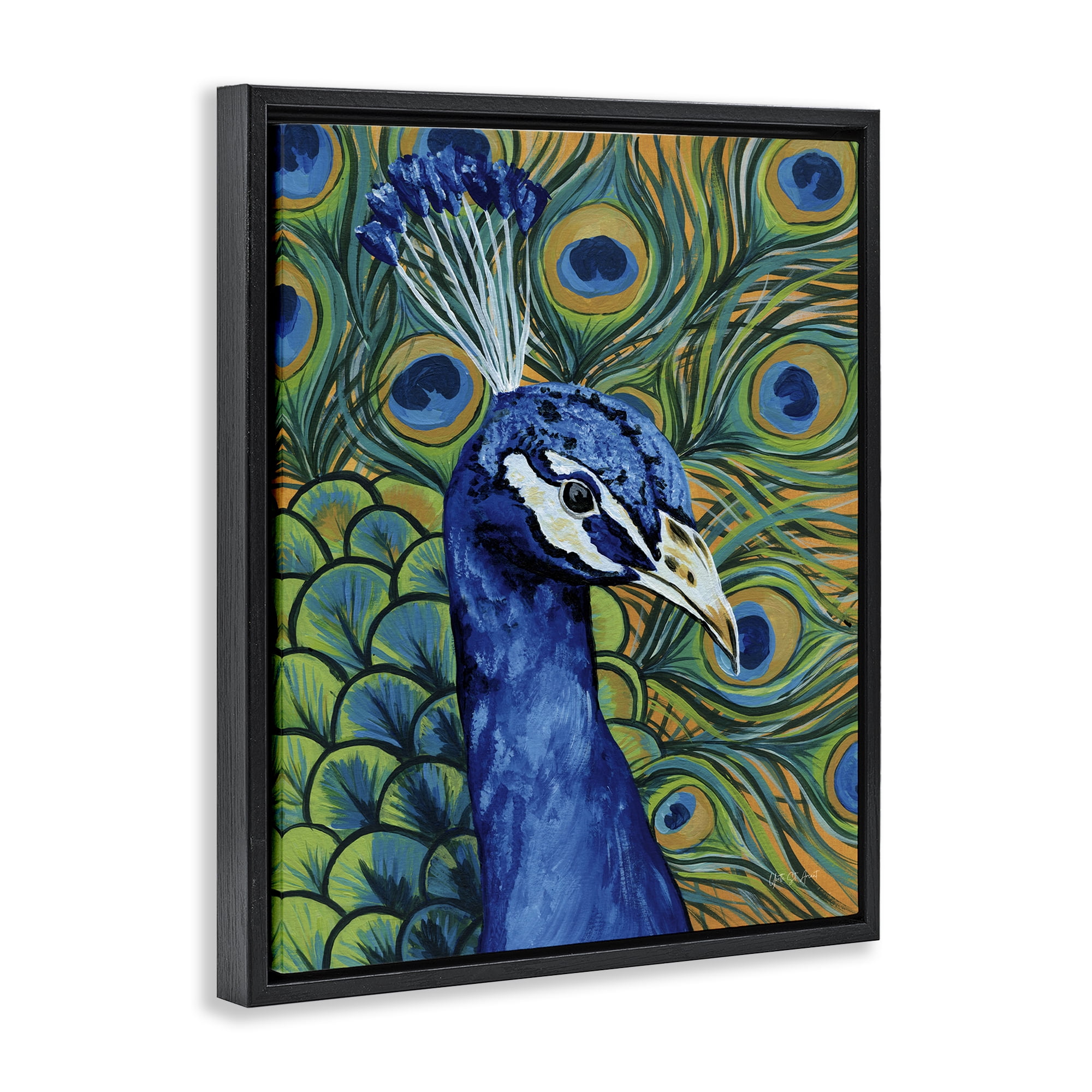 Stupell Industries Bold Peacock Feathers Pattern Animals & Insects Painting Black Floater Framed Canvas Art Print Wall Art, 17 x 21