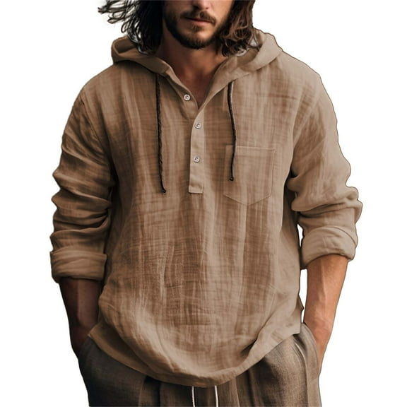 Hpapadks Mens Casual Shirts Hooded Long Sleeve Buttons Pullover Blouses with Pocket Solid Loose Mens Dress Shirt Brown L