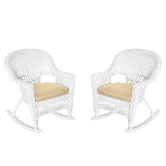 Pemberly Row Rocker Wicker Chair in White with Tan Cushion (Set of 2)