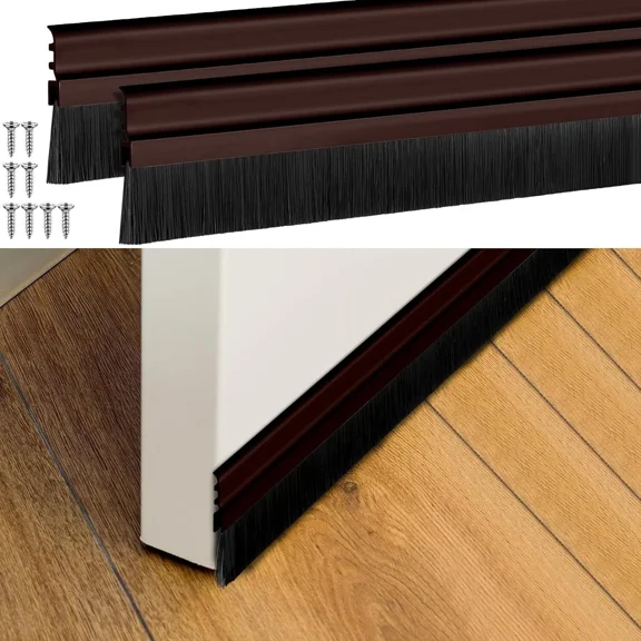 2PCS Door Bottom Sweep Nylon Brush Aluminum Alloy Holder 1.65" x 36.5" Dark Brown