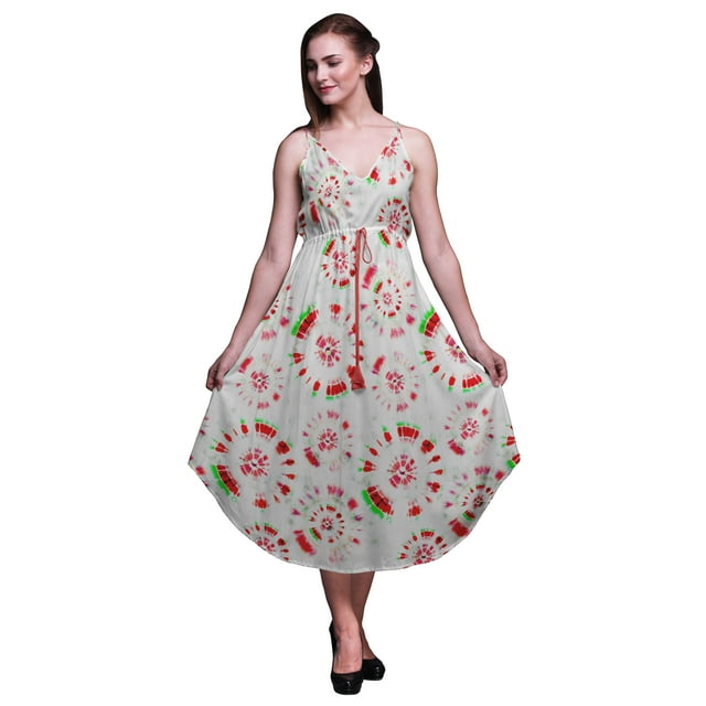 Bimba Robe de Plage Bohème Sans Manches à Bretelles Imprimée Teinture sur Nœuds pour Femmes - Moyen
