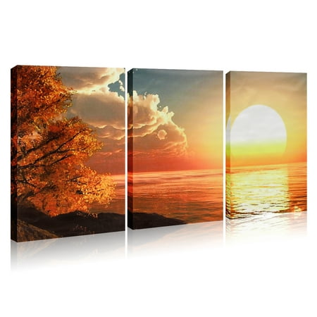Sunrise Red Sun Modern 3 Piece Landscape Canvas Prints Artwork Ocean Sea Pictures Paintings on Canvas Wall Art for Living Room Bedroom Home