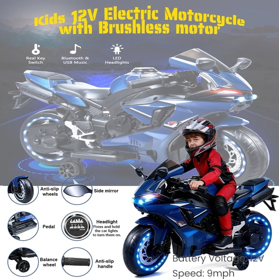 Tereitr Kids Electric Motorcycle Ride-On Toy with 12V Battery, Speed Up to 9mph, Safety Training Wheels, LED Lights, for Boys Girls Ages 2-8 Years