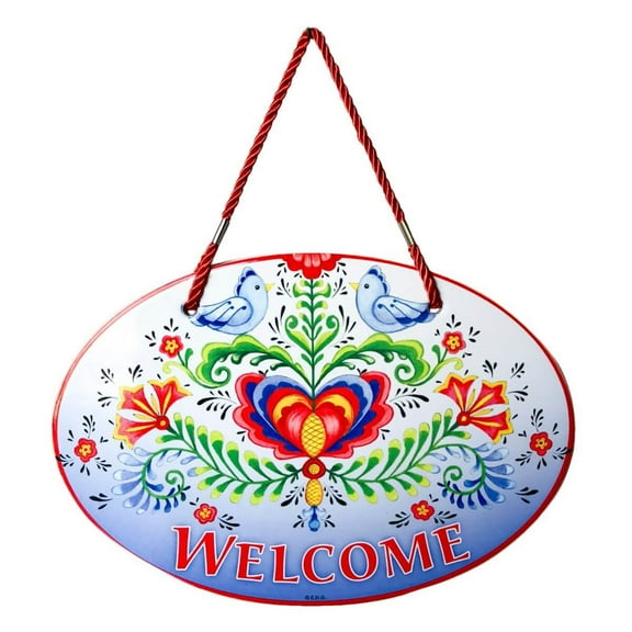 Scandinavian Gift Outlet Rosemaling Lovebirds Welcome Decorative Ceramic 11x8" Door Sign