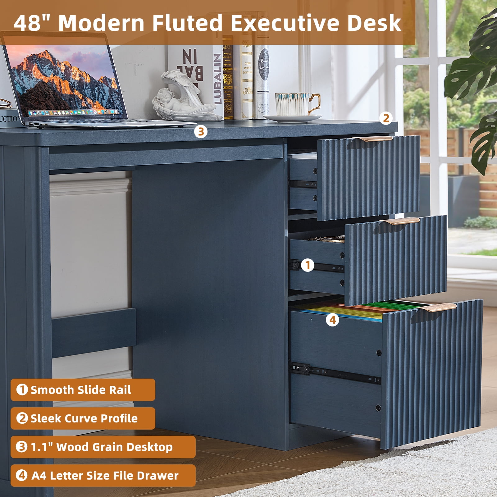 Joaxswe 48" Fluted Executive Desk, Modern Wood Home Office Desk with Storage Cabinet & File Drawer, Writing Study Computer Table for Work Study, Navy