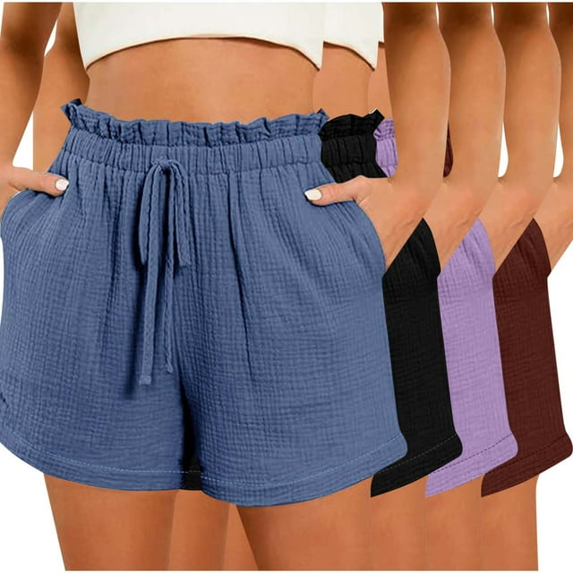 Hyknon Womens Shorts Summer Casual Solid Color Comfortable Loose Fitting 4PC Workout Shorts Elastic Waist Drawstring Sports Gym Running Shorts with Pockets