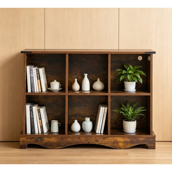 6 Cube Storage Organizer, Horizontal Cube Bookcase with LED Lights, Hallway TV Stand for Entryway, 11"x11" Farmhouse Book Shelf for Living Room, Wood Display Bookcase Cabinet with Wide Top, Brown