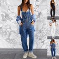 thumbnail image 1 of Ladies Casual Pants Solid Loose Denim Overalls with Pockets Blue L, 1 of 6