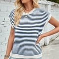 thumbnail image 7 of Elvqul Cotton Tops for Women Round Neck Sweater Blue Pull on Stripe Print Fashion Juniors Short Sleeve Tops, 7 of 7