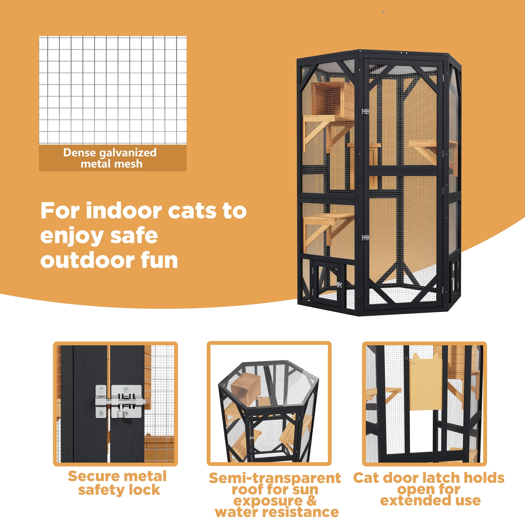 70" Catio Outdoor Cat Enclosure,Large Cat House Walk-in Cat Cage with Waterproof Cover for Multi Cats, Black with Yellow