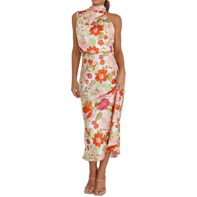 Vestido Largo De Cóctel Vestido largo de fiesta para mujer, vestido elegante de satén con cuello de tirantes, Vestidos (blanco M) Cgtredaw Para estrenar