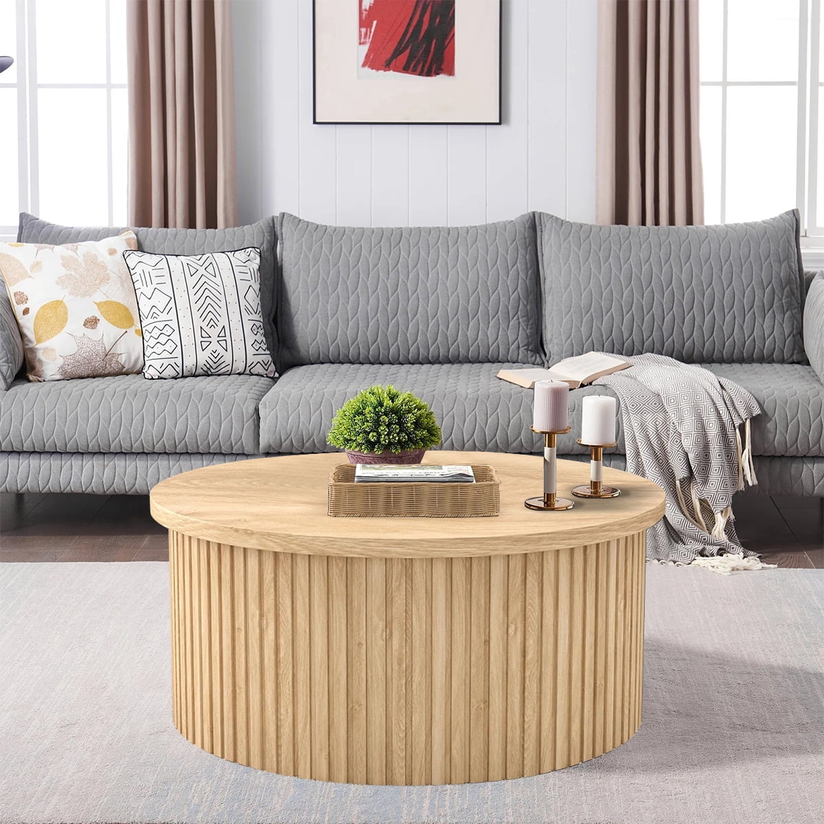 Round Coffee Table for Living Room, Farmhouse Lift Top Coffee Table, Fluted Center Table with Storage (Wood)