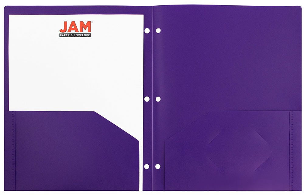 JAM Paper Heavy Duty Plastic 3 Hole Punch Pocket Folders, Extra Tough, Assorted Fashion Colors, Bulk 144/Box