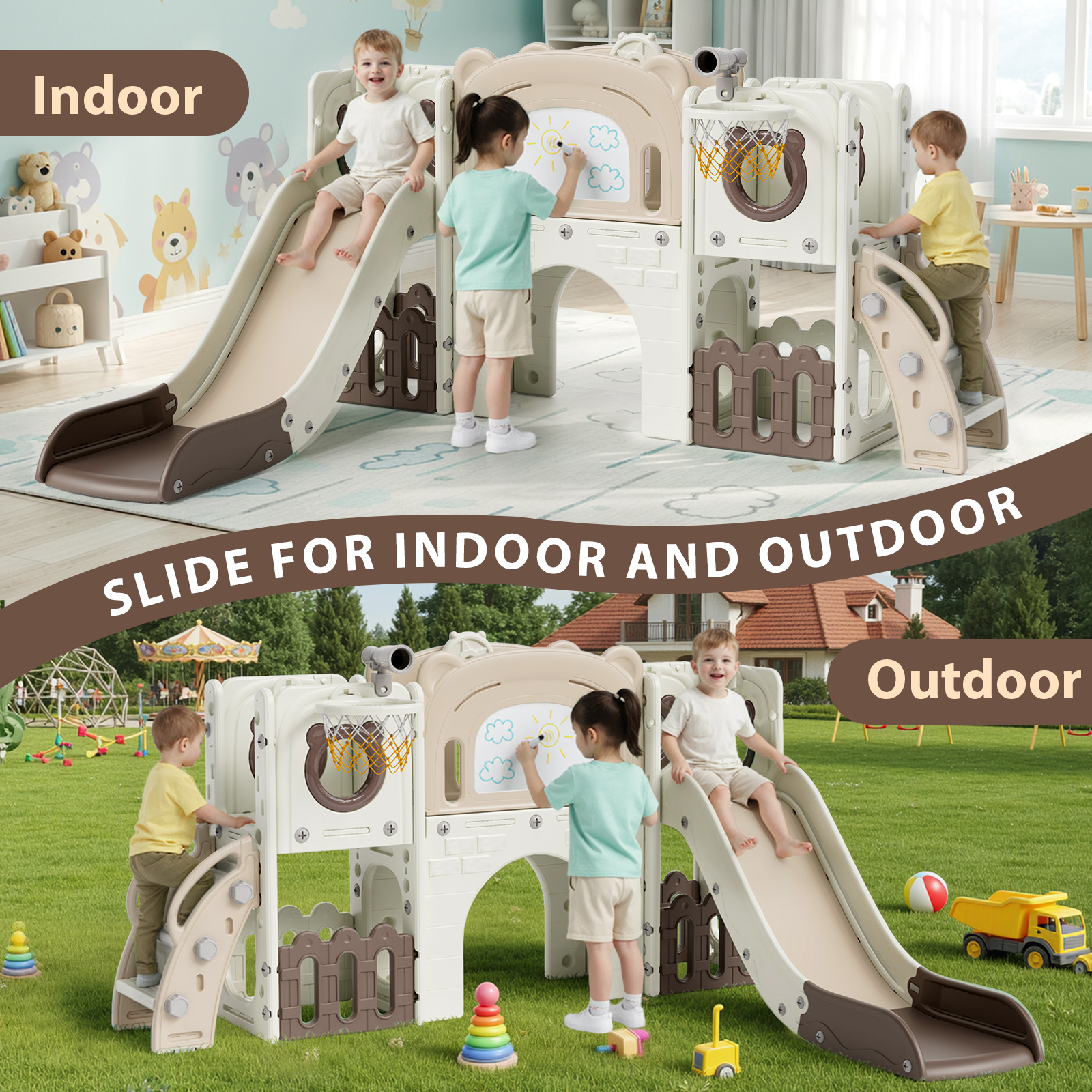LAZY BUDDY 10 in 1 Toddler Slide Set, Kids Slide and Climber Playset with Basketball Hoop, Drawing Board, Telescope, Indoor Outdoor Playground