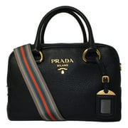 New Prada Vitello Phenix Black Leather Stripe Strap Satchel Bag 1BB086