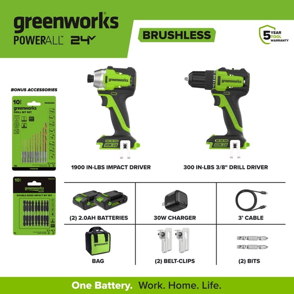 Greenworks 24V 2Pc Power Tool Combo Kit with Drill and Impact Driver, Included 10Pc Drill Bit and Double Sided Impact Bit Sets, CK326A2
