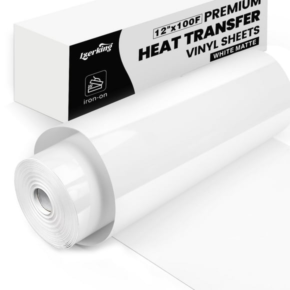 Lzerking Vinyl Heat Transfer 12" x 100FT-White Matte Htv Iron On Vinyl Roll for Cricut/Cameo Bundle, DIY Shirts, Bags, Socks, Shoes, Pillow and Other Frabic - Washed and Easy to Cut &
