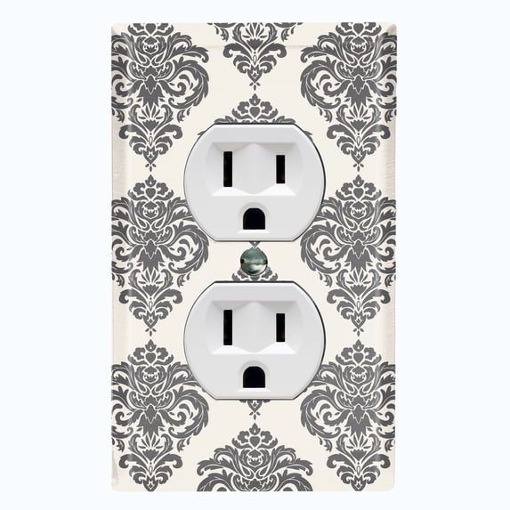 Metal Light Switch Plate Outlet Cover (Damask Black Tan Pattern - Single Duplex)