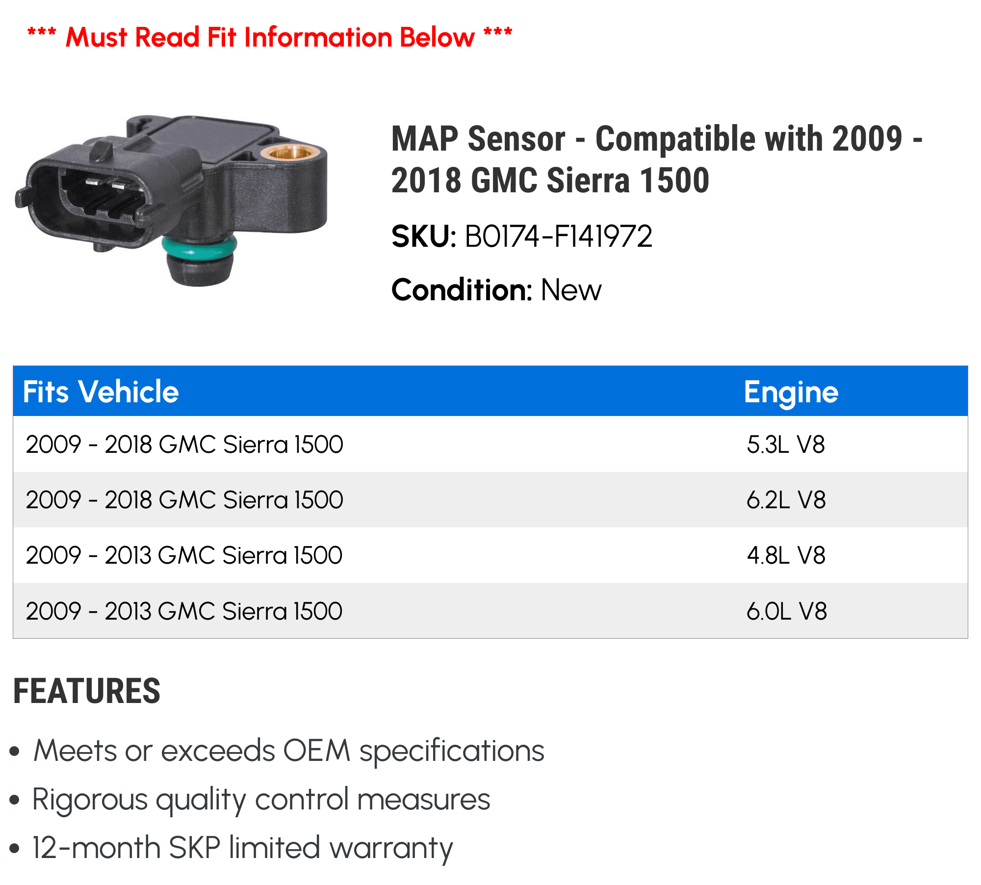 MAP Sensor - Compatible with 2009 - 2018 GMC Sierra 1500 2010 2011 2012 2013 2014 2015 2016 2017