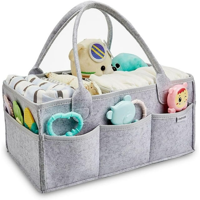 Organizador de Pañales para Bebé, Canasta organizadora bebe, Cesta de Fieltro para Almacenamiento Pañales, Pañalera para Recién Nacido o Coche con múltiples bolsillos para pañales, toallitas (Gris)