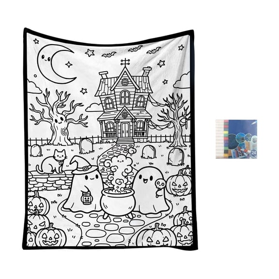 140x100cm Halloween DIY Coloring Throw Blanket For Adults Washable Bed Cover With 100ml Marker Pens Black Tone
