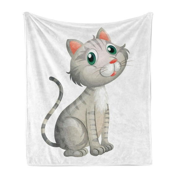 Grey Soft Flannel Fleece Throw Blanket, Illustration of an Little Baby Cat on a White Background Domestic Animal Pet, Cozy Plush for Indoor and Outdoor Use, 70" x 90", Multicolor, by Ambesonne