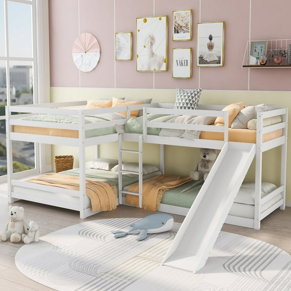 [Luckynote]Full and Twin Size L-Shaped Bunk Bed with Slide and Short Ladder,White