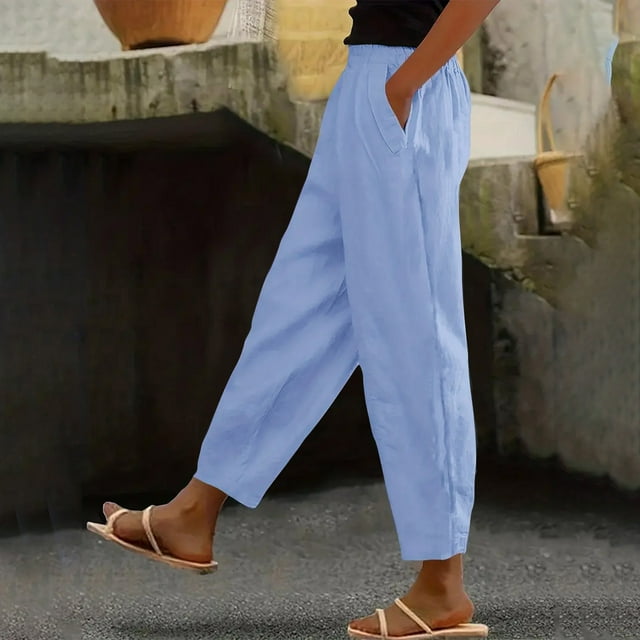 DPTALR Women's Elastic Waist Summer Solid Casual With Pockets Outing Full Length Pants