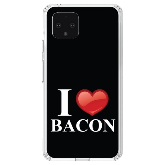 DistinctInk Clear Shockproof Hybrid Case for Google Pixel 4 XL (6.3" Screen) - TPU Bumper, Acrylic Back, Tempered Glass Screen Protector - Black White Red I Heart Bacon - Show Your Love of Bacon