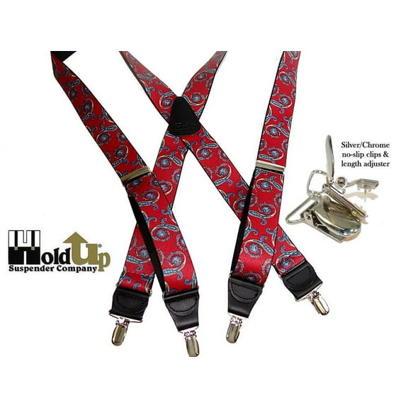 Hold-Ups Red Paisley Pattern Suspenders in X-back and Patented No-slip Silver Clips
