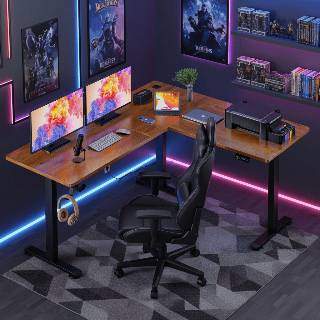 Legooin 63x55 inch L-Shaped Standing Desk with Power Strip, Height Adjustable Sit Stand Desk, with Headphone Hook and Cable Management, for Home Gaming Room Office Dorm, Brown