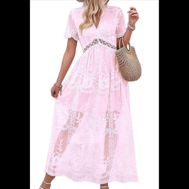 Vestido de Novia de Encaje Floral con Cuello en V y Corta para Mujer, Vestido para Dama de , Cóctel o Fiesta Rosa XL