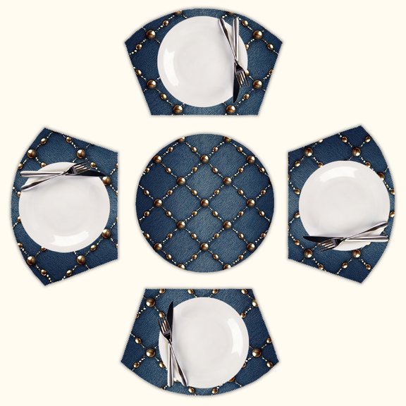 Studded Denim Pattern Round Table Placemats Set Of 5 Wedge Table Mats Washable Heat Resistant Place Mat For Dining Table Kitchen Farmhouse Restaurant