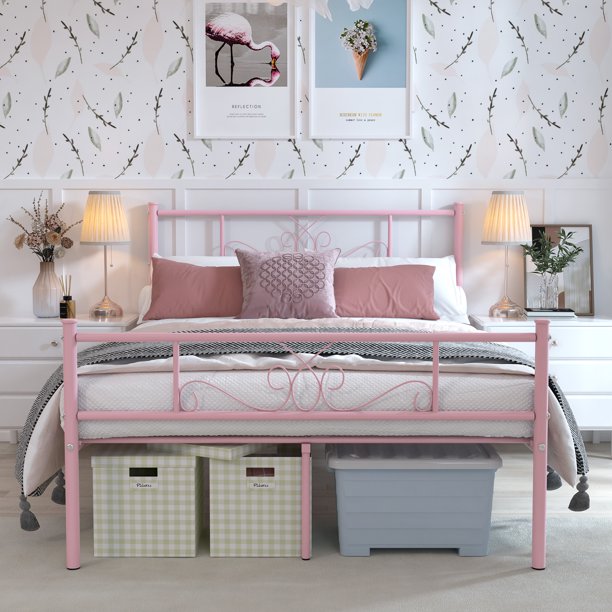 Yoneston Full Size Metal Bed Frame with Headboard Footboard for Girls