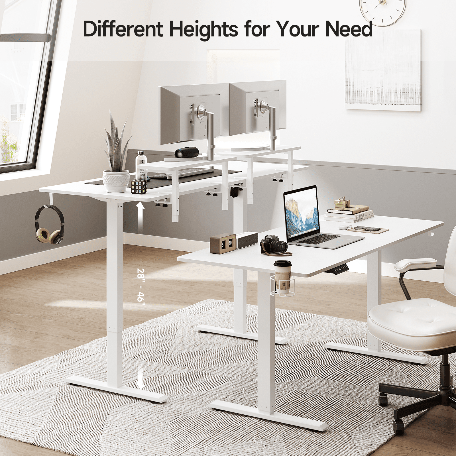 63 x 24 Inches Standing Desk with 2 Adjustable Monitor Shelves,  Electric Stand Up Desk Adjustable Height from 28-46 inches for Home and Office, White
