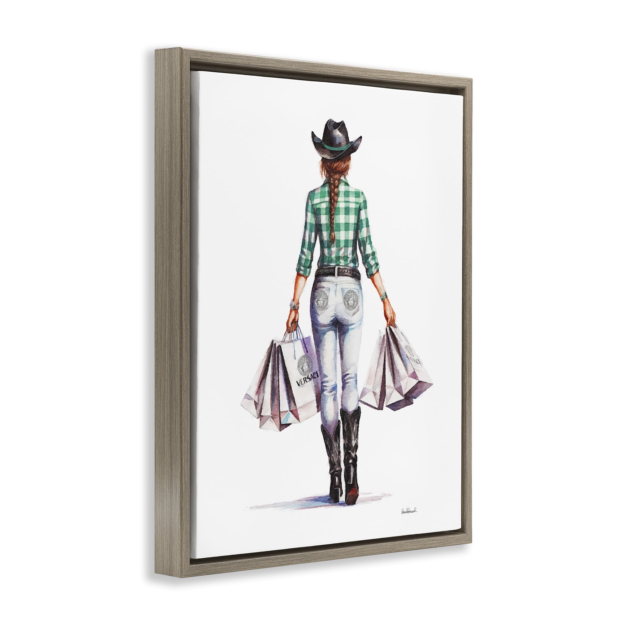 Stupell Industries Country Cowgirl Shopper People Painting Brown Floater Framed Canvas Art Print Wall Art, 17 x 21