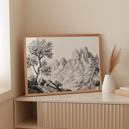 Chinese Landscape Ink Drawing Poster Black And White Mountain Art Traditional Asian Nature Scene Poster Print Only