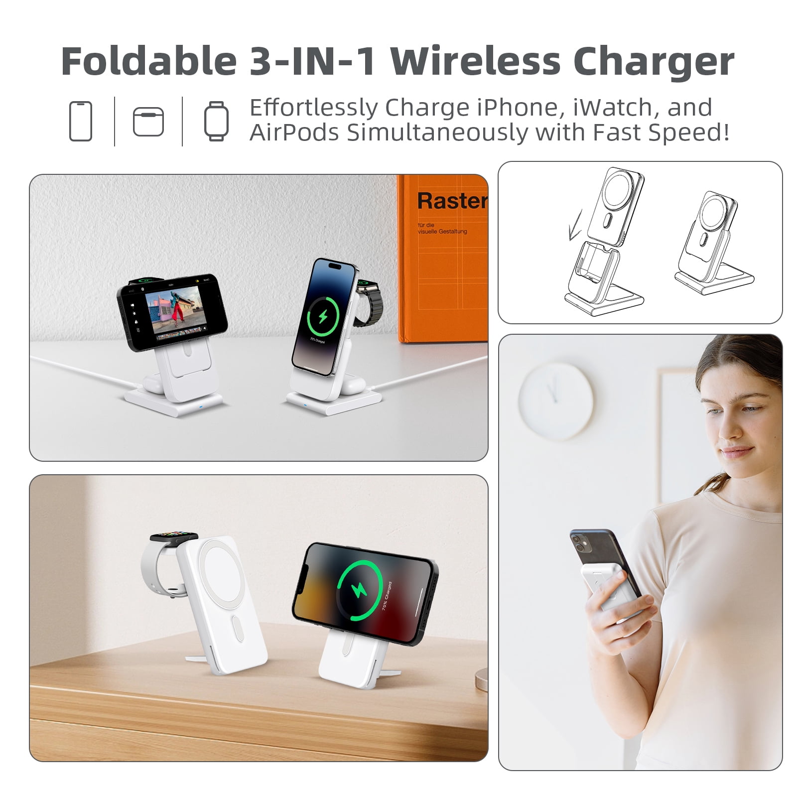 3 in 1 Wireless Charging Station, Detachable 10000mah Power Bank for Apple Watch, iPhone & Airpods