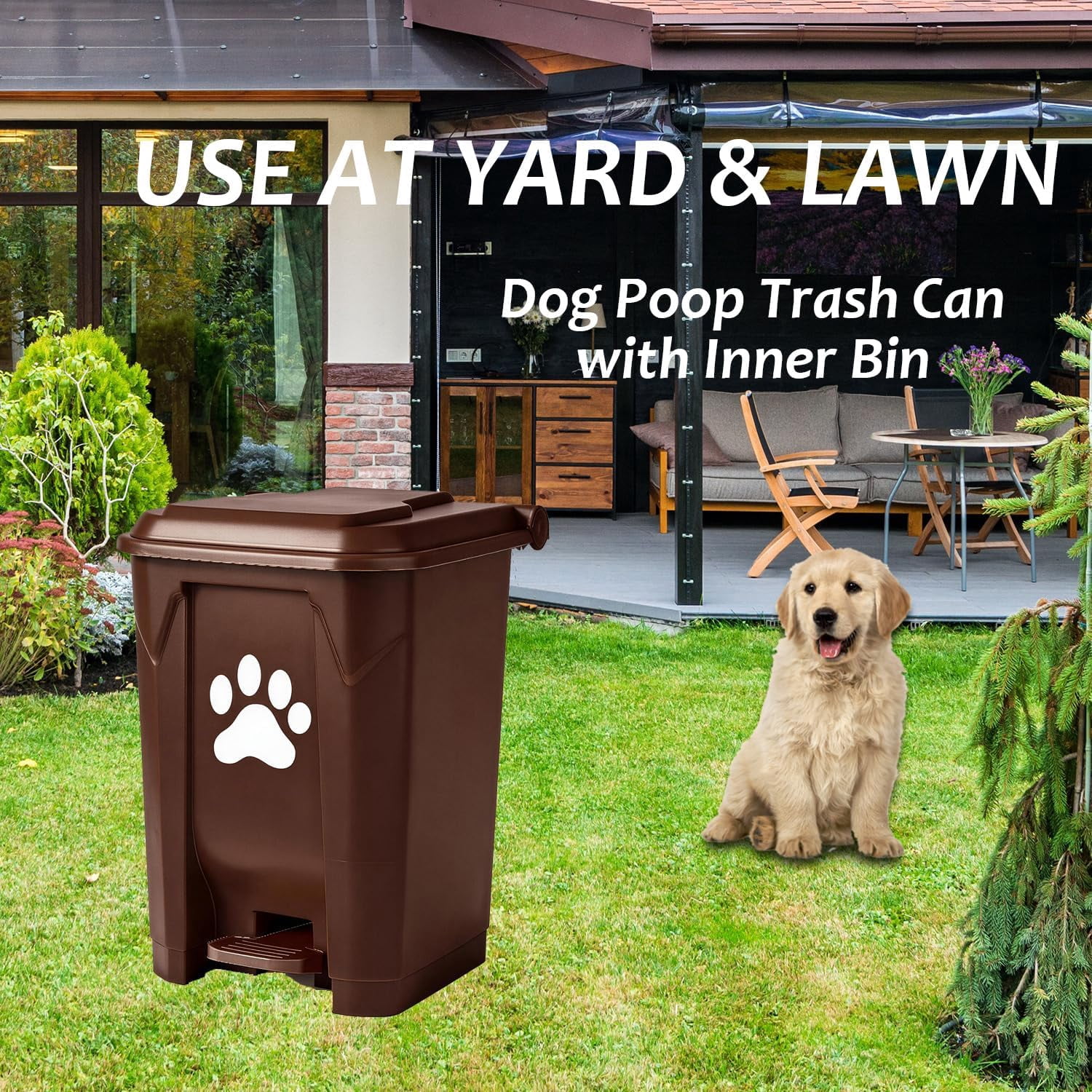 Dog Poop Trash Can Outdoors Pet Waste Station with Lid Dog Waste Disposal Container with Removable Inner Bin Bucket Hands-Free Pedal Garden Yard Home with 5Rolls Waste Bags, Grey